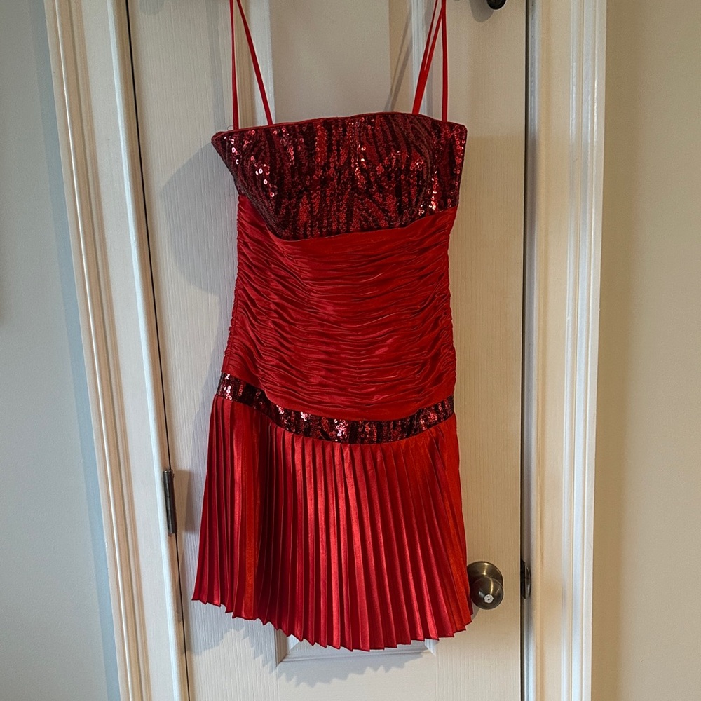 Red Sequin Pleated Prom Dress